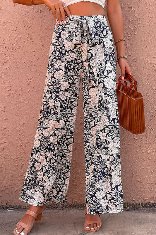 Floral Belted Wide Leg Pants MS231013012443FS Floral / S