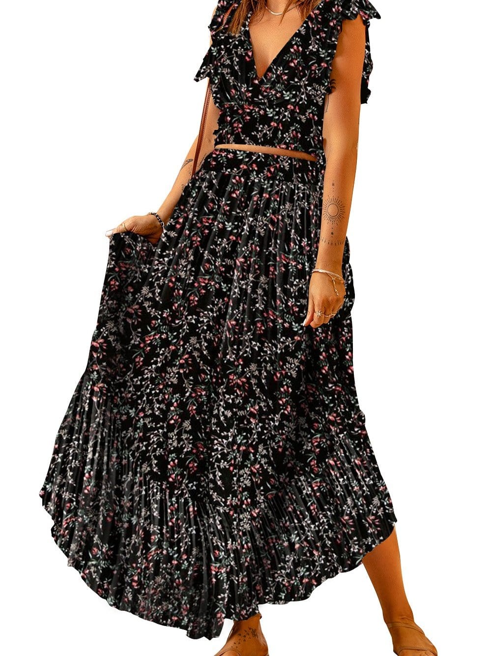 Floral Black Two-Piece Bohemian Maxi Set with Ruffled Crop Top