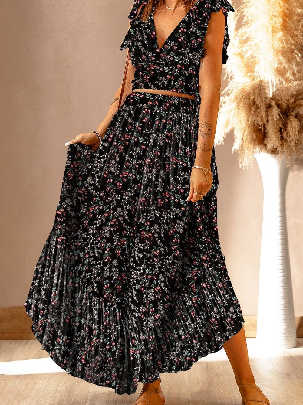 Floral Black Two-Piece Bohemian Maxi Set with Ruffled Crop Top