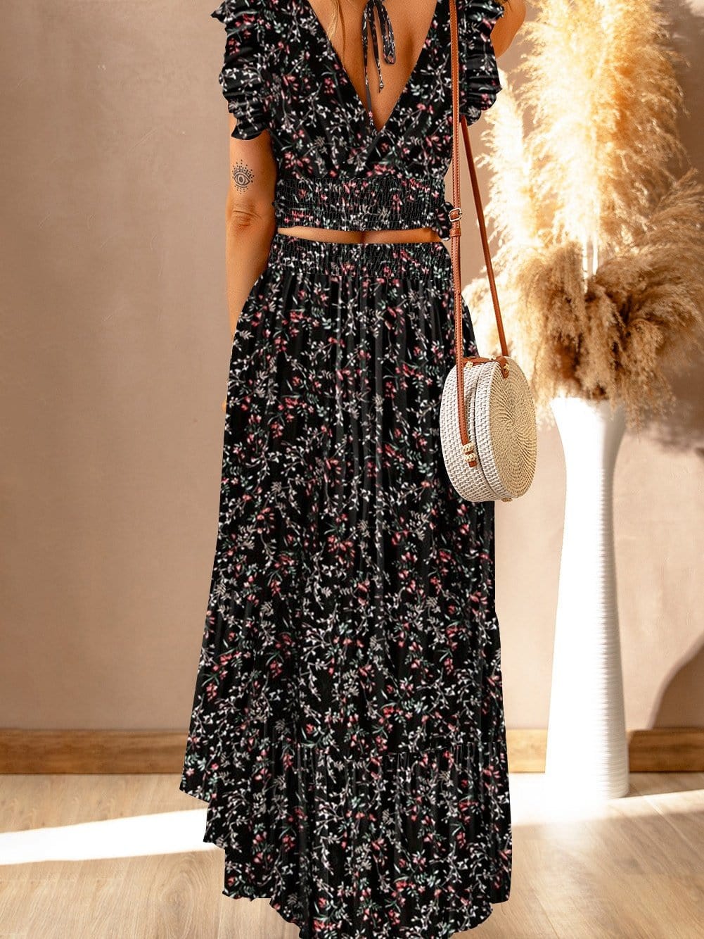 Floral Black Two-Piece Bohemian Maxi Set with Ruffled Crop Top