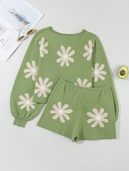 Floral Bubble Sleeve Green Knit Sweater and Shorts Ensemble