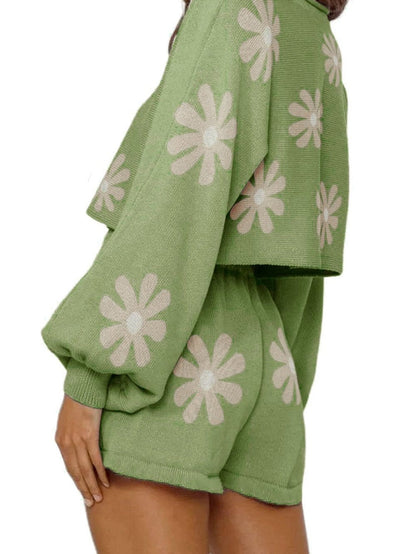 Floral Bubble Sleeve Green Knit Sweater and Shorts Ensemble