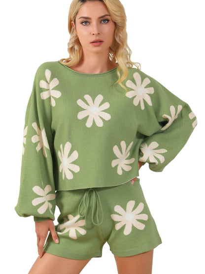 Floral Bubble Sleeve Green Knit Sweater and Shorts Ensemble