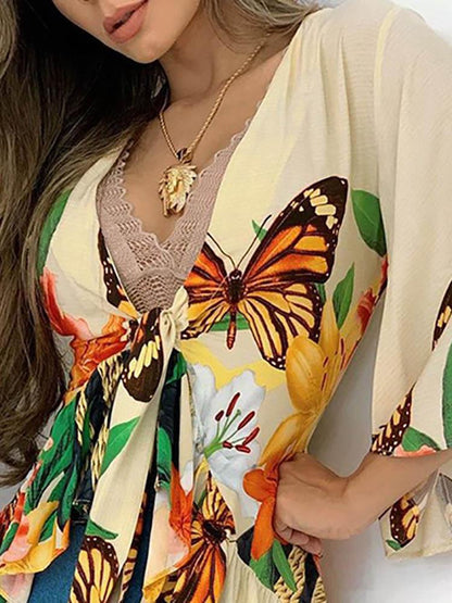 Floral Butterfly Print Bell Sleeve Knotted Ruffles Top