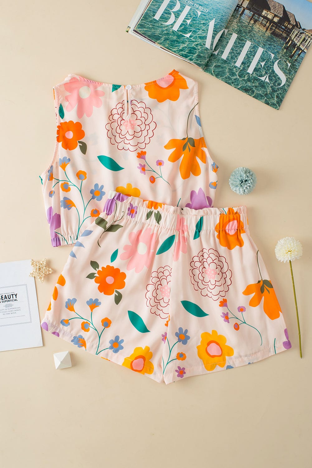 Floral Crop Top and High Waisted Shorts Set