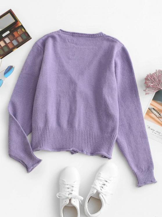 Floral Embellished Rolled Trim Cable Knit Cardigan for Women CAR210303130PUR Purple / One-Size