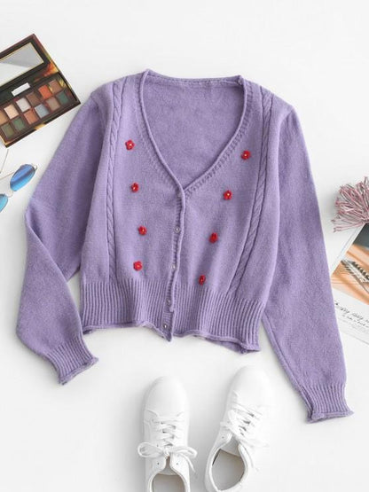 Floral Embellished Rolled Trim Cable Knit Cardigan for Women CAR210303130PUR Purple / One-Size