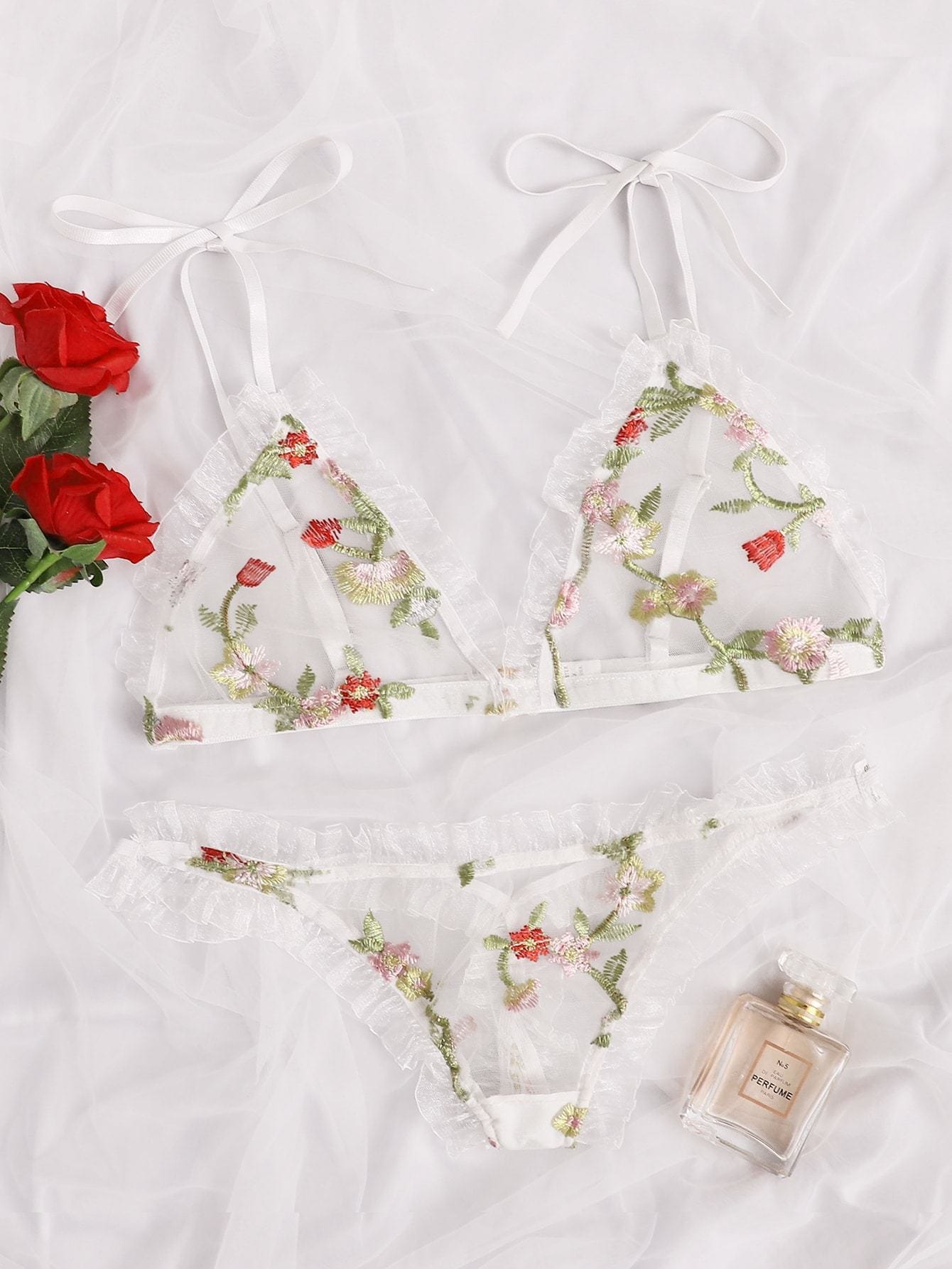 Floral Embroidered Mesh Frill Lingerie Set LIN210223085WHIS White / S
