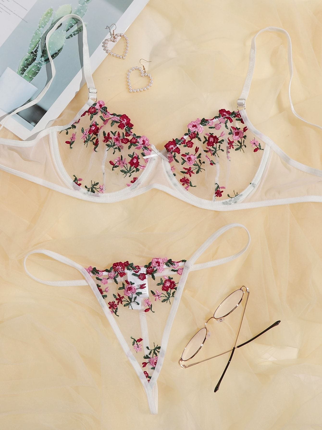 Floral Embroidered Mesh Underwire Lingerie Set
