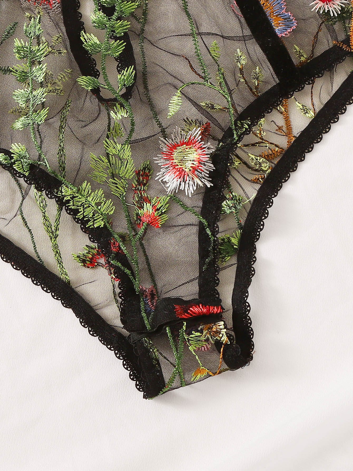 Floral Embroidered Mesh Underwire Teddy Bodysuit
