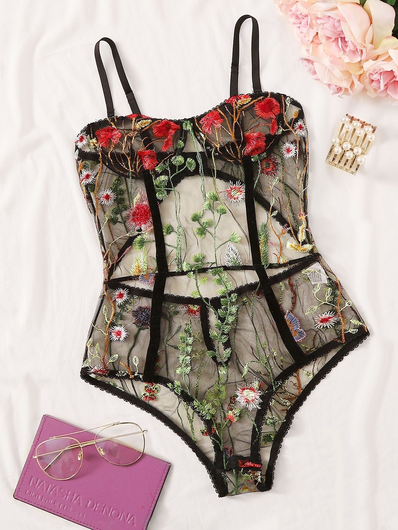 Floral Embroidered Mesh Underwire Teddy Bodysuit LIN210303103BLAS S / Black