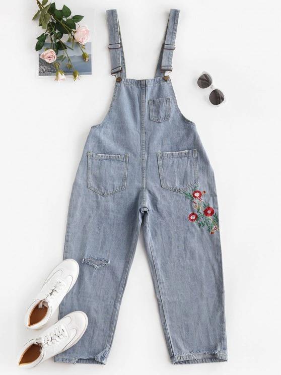 Floral Embroidered Ripped Denim Overalls Jumpsuit for Women BOT210301068BLUS Blue / S