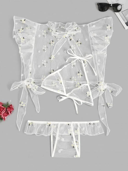 Floral Embroidered Ruffle Tie Mesh Lingerie Set LIN210310181WHIS White / S