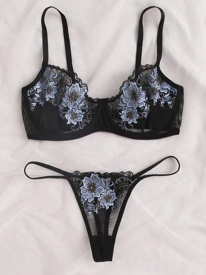 Floral Embroidered Underwire Mesh Lingerie Set