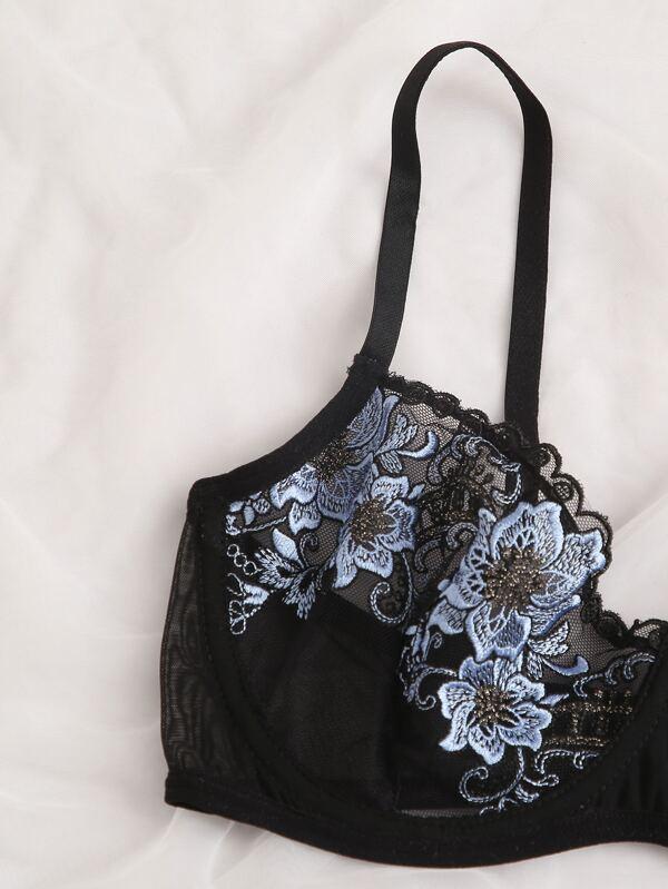 Floral Embroidered Underwire Mesh Lingerie Set