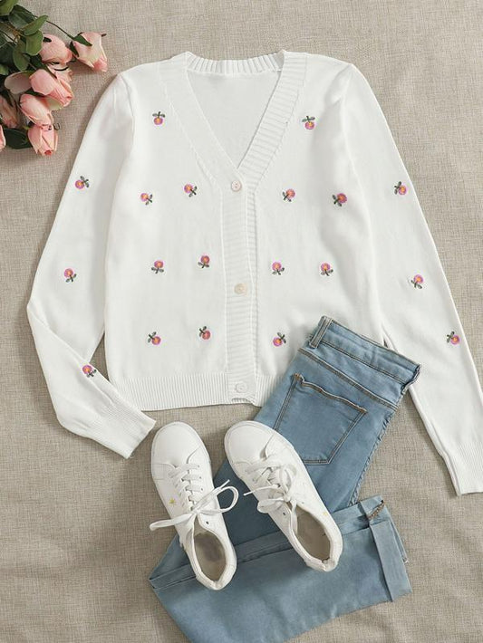 Floral Embroidery Button Up Cardigan SWE210311255WHI One-Size / White