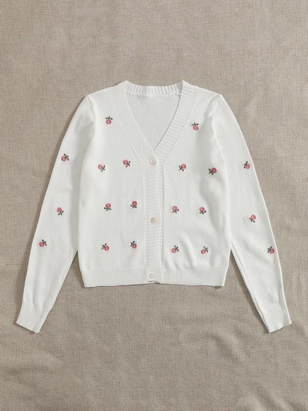 Floral Embroidery Button Up Cardigan SWE210311255WHI One-Size / White