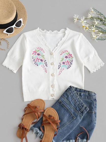 Floral Embroidery Slim Lettuce Knitwear Top CAR210302121WHI White / One-Size