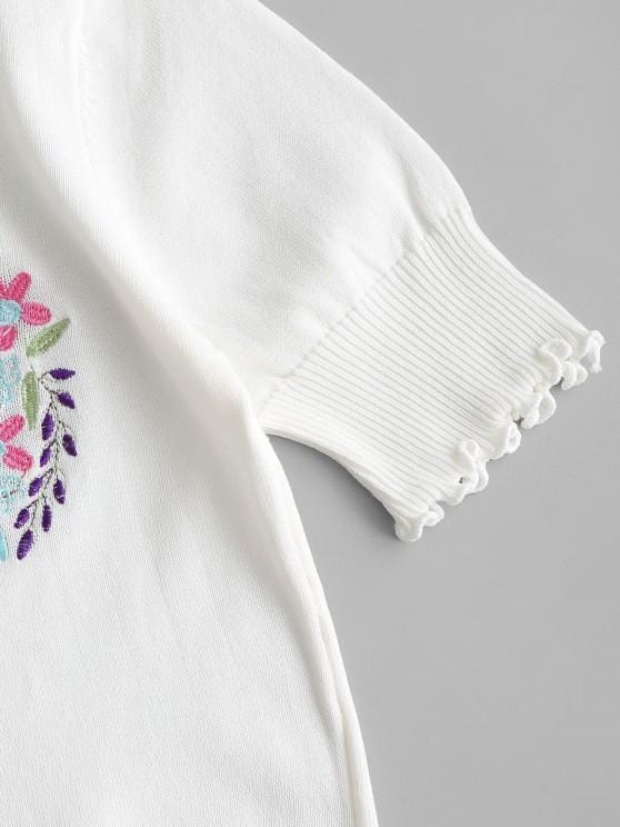 Floral Embroidery Slim Lettuce Knitwear Top for Women CAR210302121WHI White / One-Size