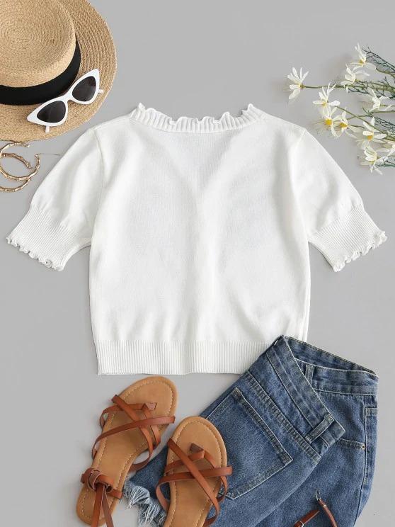 Floral Embroidery Slim Lettuce Knitwear Top for Women CAR210302121WHI White / One-Size