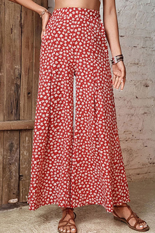 Floral High-Rise Wide Leg Flare Pants MS231013012112FS Deep Red / S