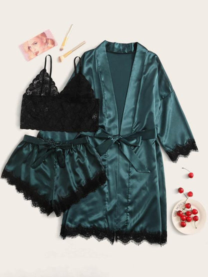 Floral Lace Bralette With Satin Shorts & Belted Robe LIN210315185S Green / S