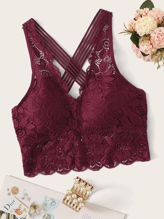 Floral Lace Criss Cross Bralette for Women LIN210310138BUR One-Size / Burgundy
