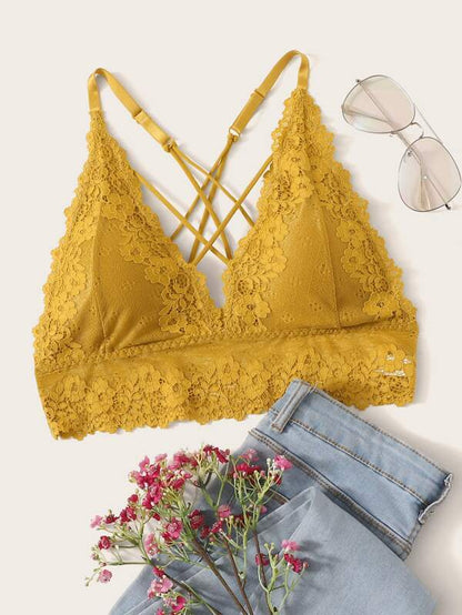 Floral Lace Crisscross Back Longline Bralette LIN210310139YEL One-Size / Yellow