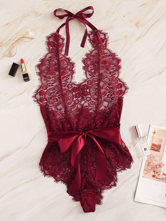 Floral Lace Halter Teddy Bodysuit LIN210310172REDS XL / Red
