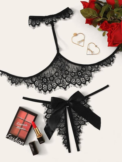 Floral Lace Lingerie Set With Choker LIN210310166BLAS S / Black