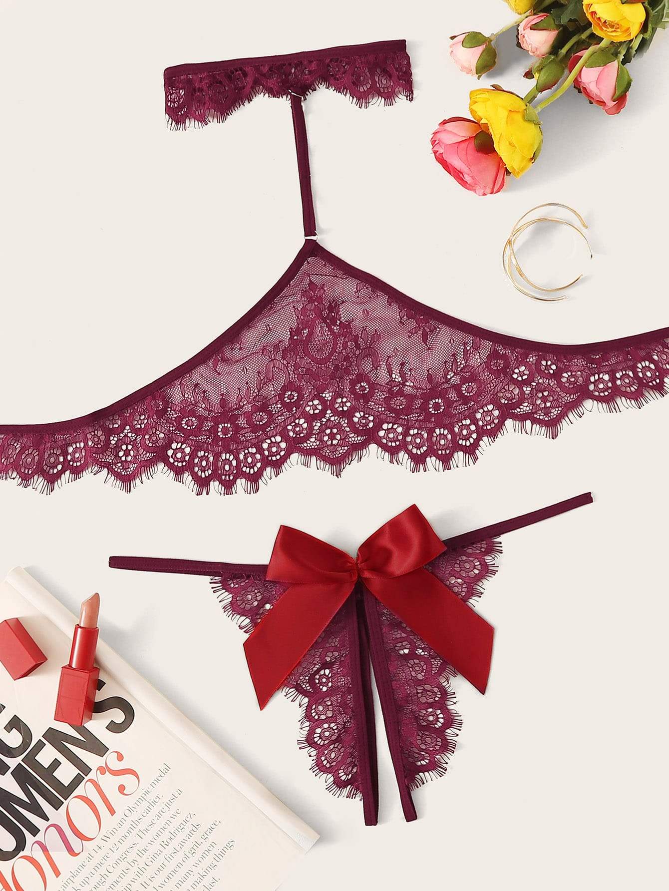 Floral Lace Lingerie Set With Choker LIN210310166BURS S / Burgundy