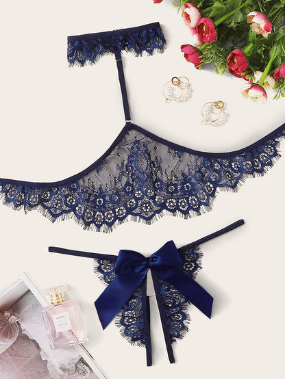 Floral Lace Lingerie Set With Choker LIN210310166NABLUS S / Navy Blue