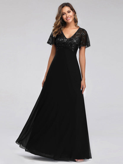 Floral Lace Sequin Print Wholesale Evening Dresses With Cap Sleeve EZ07706BK10 Black / 10