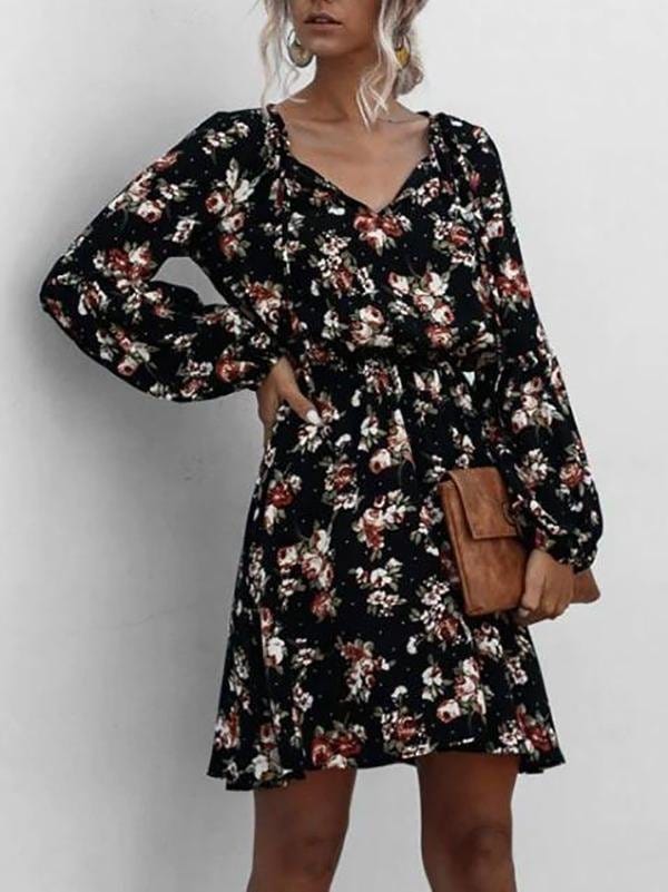 Floral Lantern Sleeve Mini Dress DRE210304461BLAS Black / S