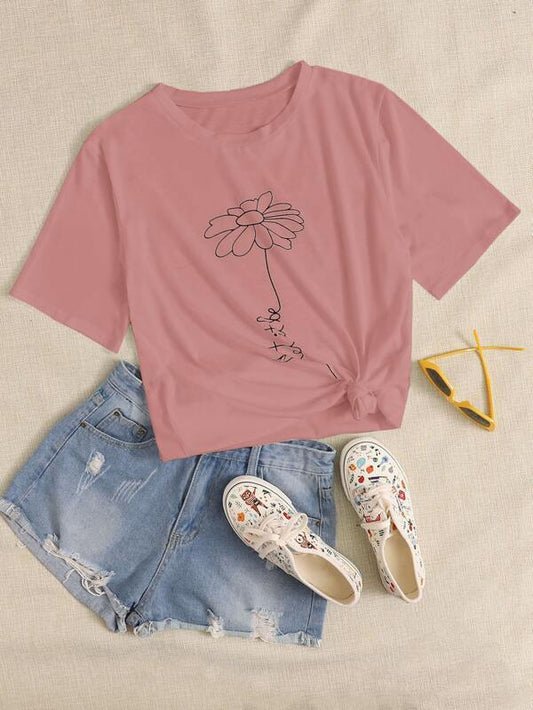 Floral & Letter Graphic Tee TSH210218044PINS S / Pink