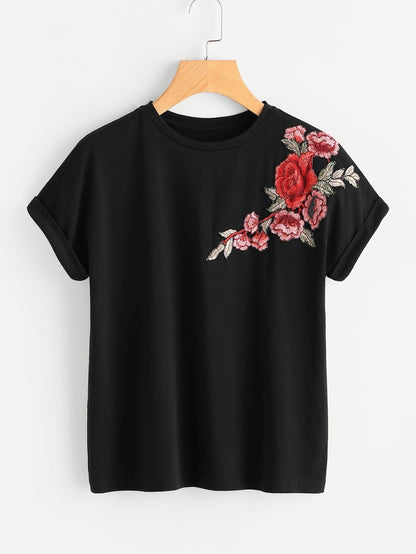 Floral Patch Cuffed Sleeve Tee TSH210223124BLAXS XS