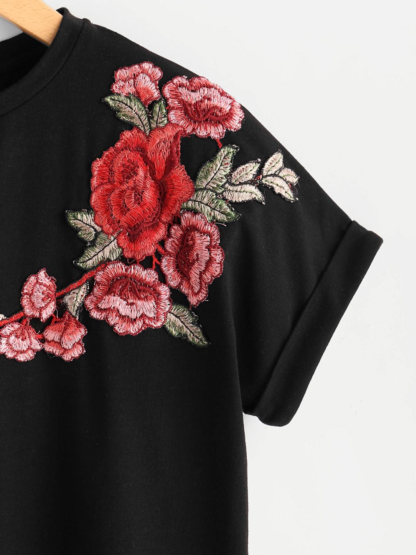 Floral Patch Cuffed Sleeve Tee