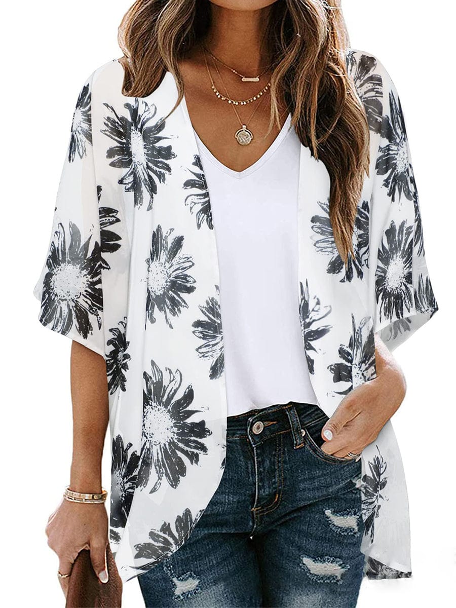 Floral Pattern Loose Chiffon Casual Blouse BLO2303160036WHIS White / 2 (S)