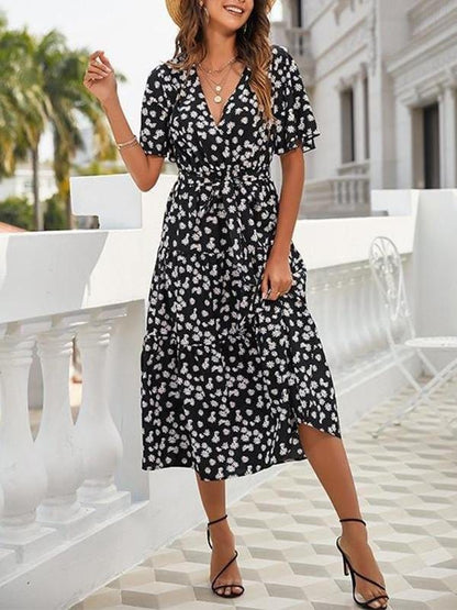 Floral Pattern V Neck High Waist Midi Dress for Women