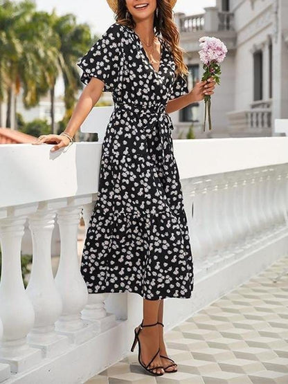 Floral Pattern V Neck High Waist Midi Dress for Women