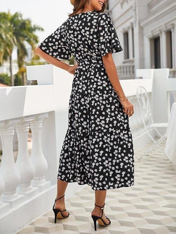 Floral Pattern V Neck High Waist Midi Dress for Women