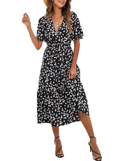 Floral Pattern V Neck High Waist Midi Dress for Women 1DRE210510002BLAS Black / S