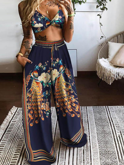 Floral Peacock Print Twisted Front Crop Top & Wide Leg Pants Set for Women