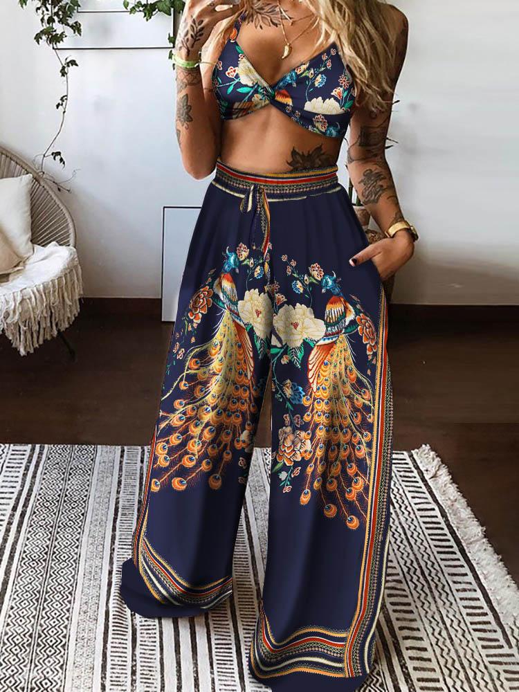 Floral Peacock Print Twisted Front Crop Top & Wide Leg Pants Set for Women