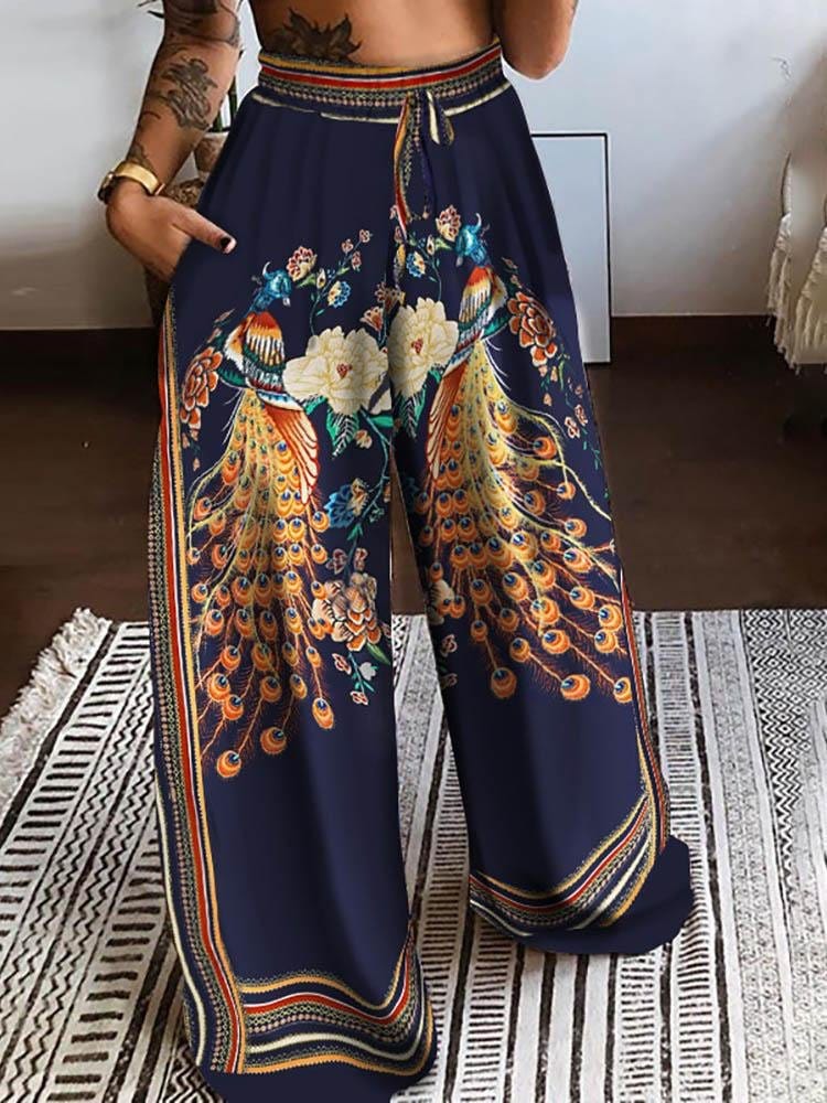 Floral Peacock Print Twisted Front Crop Top & Wide Leg Pants Set for Women