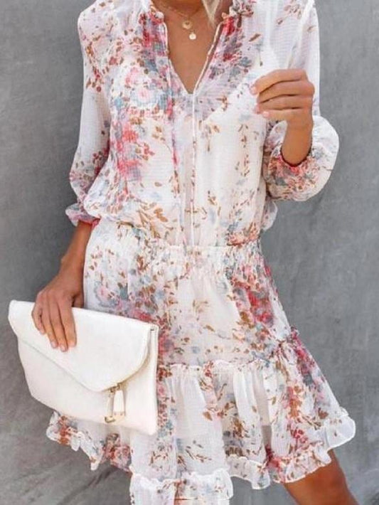 Floral Print 3/4 Sleeves A-line Casual Skater Dresses DRE2107131900PINS Pink / S