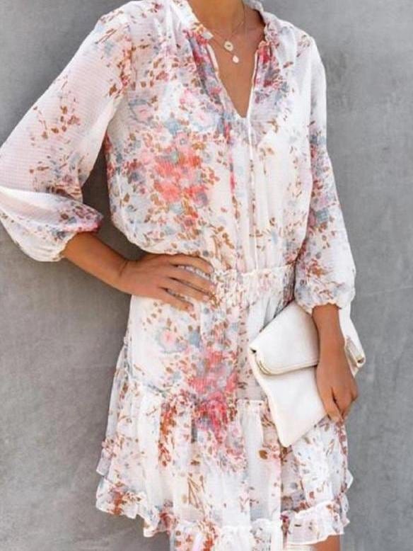 Floral Print 3/4 Sleeves A-line Casual Skater Dresses