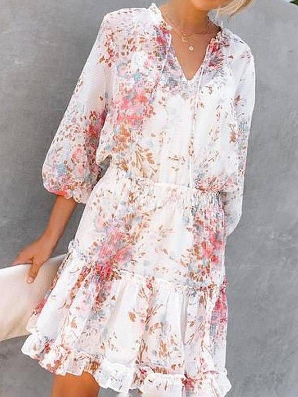 Floral Print 3/4 Sleeves A-line Casual Skater Dresses