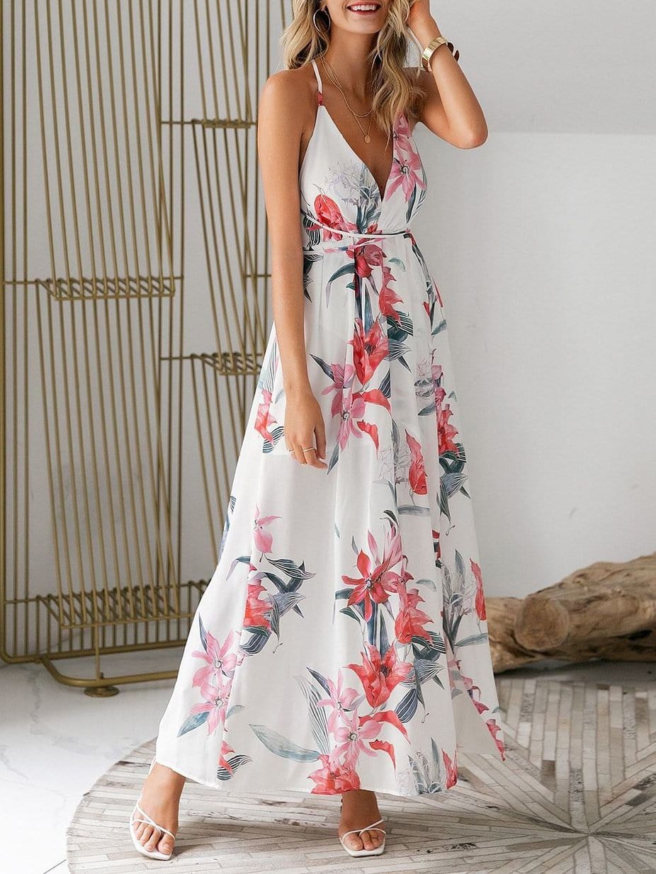 Floral Print Backless Wrap Split Slip Dress