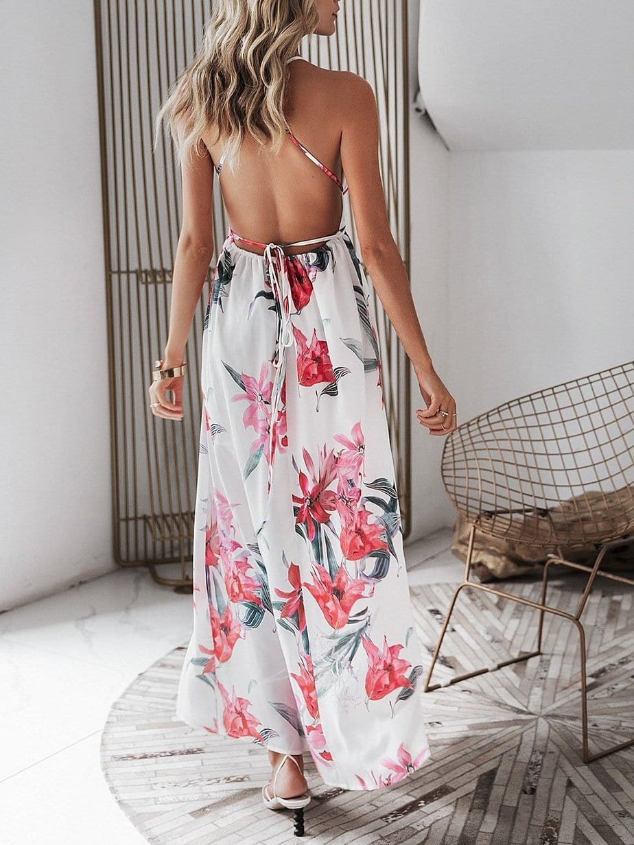 Floral Print Backless Wrap Split Slip Dress